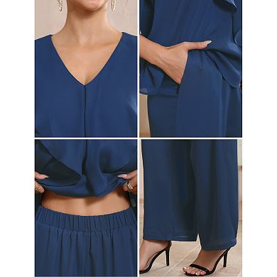 Women's Mother of Bride Sets Chiffon Ruffles V Neck Top Wide Legs Pantsuits 2 Pieces Pants Suits