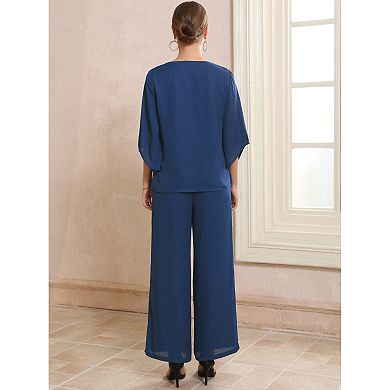 Women's Mother of Bride Sets Chiffon Ruffles V Neck Top Wide Legs Pantsuits 2 Pieces Pants Suits