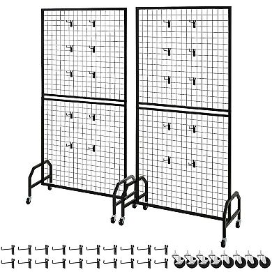 Mobile Wire Grid Wall Display with 4 Panels and Rolling Casters for Home or Retail Use - Black
