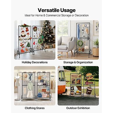 Mobile Wire Grid Wall Display with 4 Panels and Rolling Casters for Home or Retail Use - Black