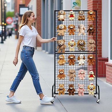 Mobile Wire Grid Wall Display with 4 Panels and Rolling Casters for Home or Retail Use - Black