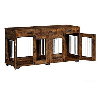 Double Dog Crate Furniture with Divider & 3 Drawers, TV Stand Kennel for Medium/Large Dogs