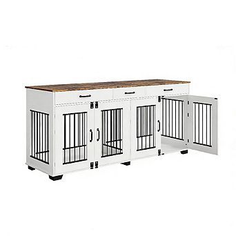 Double Dog Crate Furniture with Divider & 3 Drawers, TV Stand Kennel for Medium/Large Dogs