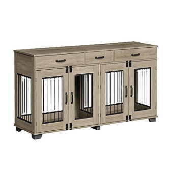 Double Dog Crate Furniture with Divider & 3 Drawers, TV Stand Kennel for Medium/Large Dogs
