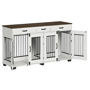 Double Dog Crate Furniture with Divider & 3 Drawers, TV Stand Kennel for Medium/Large Dogs