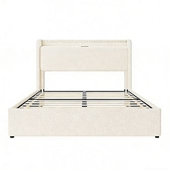 Boucle Bed Frame with Storage Headboard, Charging, LED Lights & 4 Drawers