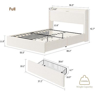 Boucle Bed Frame with Storage Headboard, Charging, LED Lights & 4 Drawers
