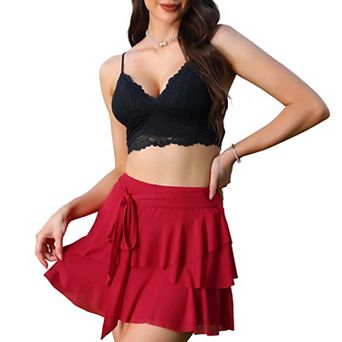 Flowy Mini Skirts for Women's Mesh Layered Ruffled Hem Elastic Tie Waist Tiered Short Skirt