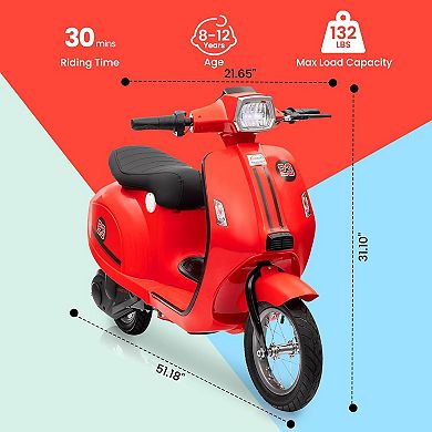 24V Kids Electric Moped Scooter with Seat & LED Lights, Ages 8-14