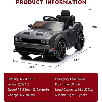 Dodge Challenger Kids' Electric Car, 12V Ride-On with Remote, Bluetooth & LED Lights
