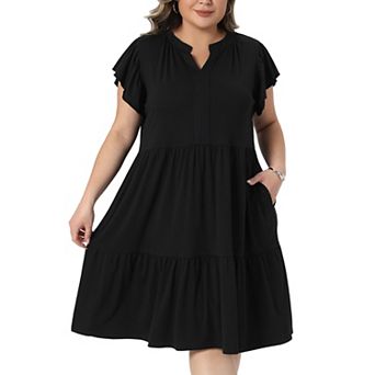 Women's Plus Size Summer Dress Ruffle Sleeve V Neck Flowy Tiered Midi Dresses with Pockets