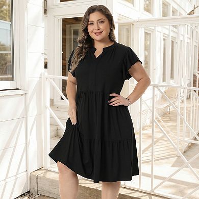 Women's Plus Size Summer Dress Ruffle Sleeve V Neck Flowy Tiered Midi Dresses with Pockets