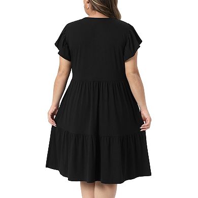 Women's Plus Size Summer Dress Ruffle Sleeve V Neck Flowy Tiered Midi Dresses with Pockets