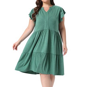 Women's Plus Size Summer Dress Ruffle Sleeve V Neck Flowy Tiered Midi Dresses with Pockets