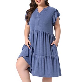 Women's Plus Size Summer Dress Ruffle Sleeve V Neck Flowy Tiered Midi Dresses with Pockets