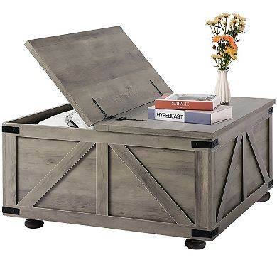 Farmhouse Coffee Table with Dual Flip-Top Panels and Storage Base