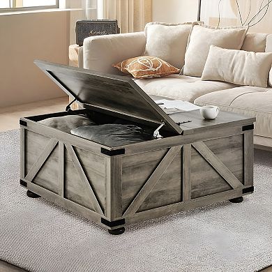Farmhouse Coffee Table with Dual Flip-Top Panels and Storage Base