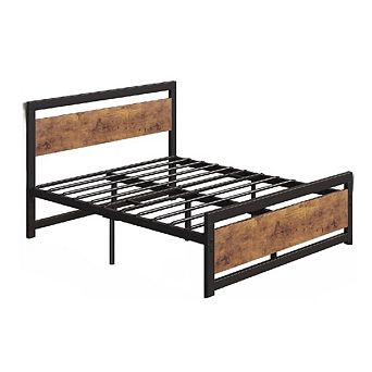Iron Bed Frame with Wood Headboard, Industrial Metal Platform, No Box Spring Needed