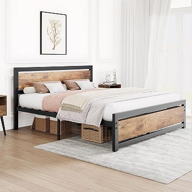 Iron Bed Frame with Wood Headboard, Industrial Metal Platform, No Box Spring Needed