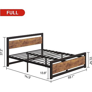 Iron Bed Frame with Wood Headboard, Industrial Metal Platform, No Box Spring Needed