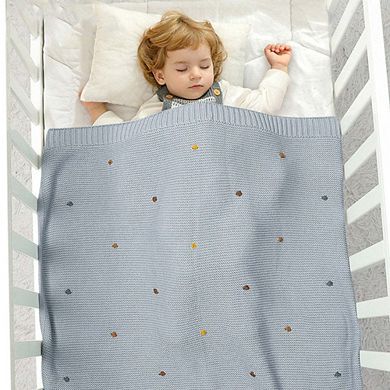 Knitted Solid Color Baby Blanket With Hand-Embroidered Pom Poms