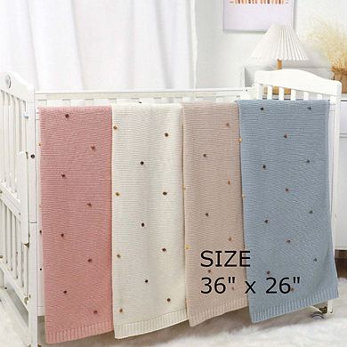 Knitted Solid Color Baby Blanket With Hand-Embroidered Pom Poms