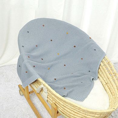Knitted Solid Color Baby Blanket With Hand-Embroidered Pom Poms