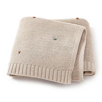 Knitted Solid Color Baby Blanket With Hand-Embroidered Pom Poms