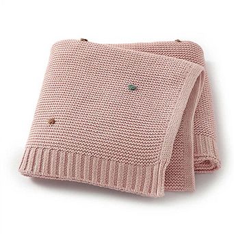 Knitted Solid Color Baby Blanket With Hand-Embroidered Pom Poms