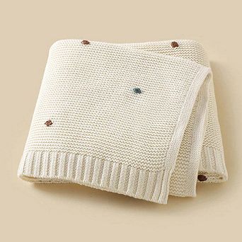 Knitted Solid Color Baby Blanket With Hand-Embroidered Pom Poms