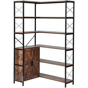 L-Shaped Corner Bookshelf with Open Shelves and Cabinet Storage in Black and Brown