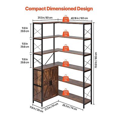 L-Shaped Corner Bookshelf with Open Shelves and Cabinet Storage in Black and Brown