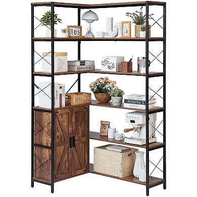 L-Shaped Corner Bookshelf with Open Shelves and Cabinet Storage in Black and Brown
