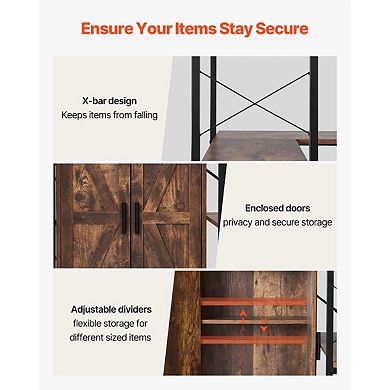 L-Shaped Corner Bookshelf with Open Shelves and Cabinet Storage in Black and Brown