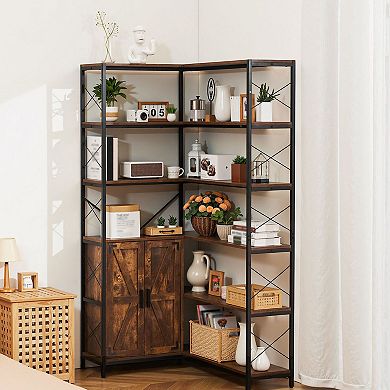 L-Shaped Corner Bookshelf with Open Shelves and Cabinet Storage in Black and Brown