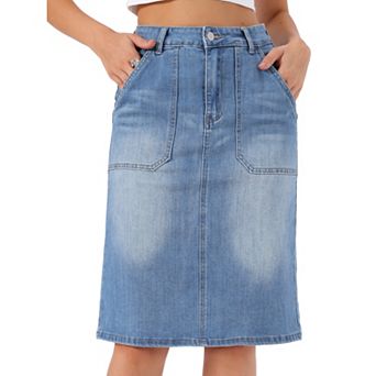 Denim Skirt for Women Casual High Waist Back Slit Stretch Knee Length Jean Skirts with Pockets