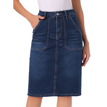 Denim Skirt for Women Casual High Waist Back Slit Stretch Knee Length Jean Skirts with Pockets