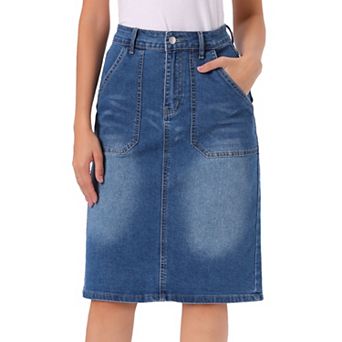 Denim Skirt for Women Casual High Waist Back Slit Stretch Knee Length Jean Skirts with Pockets