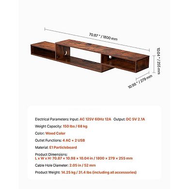 Modern Wall-Mounted Floating TV Shelf with USB/AC Power and Cable Management