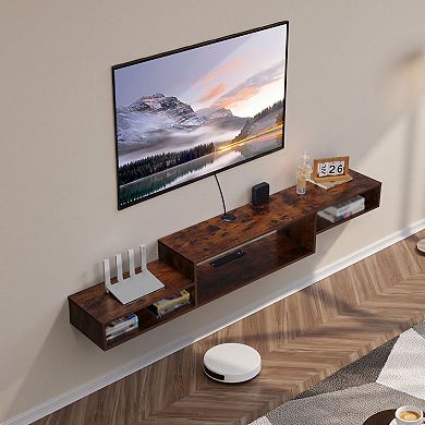 Modern Wall-Mounted Floating TV Shelf with USB/AC Power and Cable Management