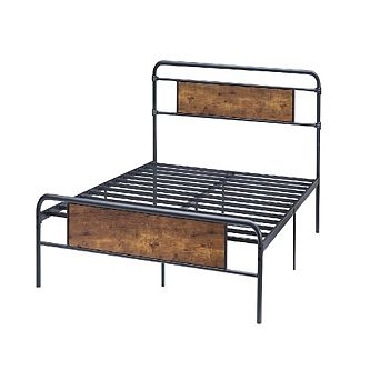 Industrial Platform Bed Frame with Vintage Wood Headboard, Storage & Fast Assembly