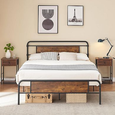 Industrial Platform Bed Frame with Vintage Wood Headboard, Storage & Fast Assembly