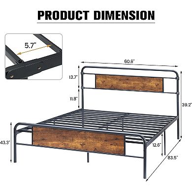 Industrial Platform Bed Frame with Vintage Wood Headboard, Storage & Fast Assembly