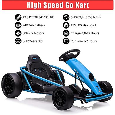 24V Kids Go Kart, Dual 300W Motors, 8.1MPH, 155 Lbs Capacity. Drifting Ride-On Toy for Ages 8-12.