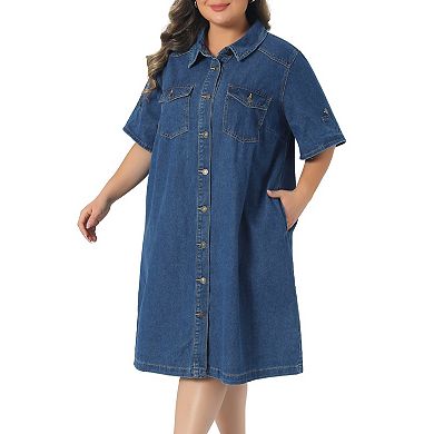 Women's Plus Size Denim Dresses Button Down Short Sleeve Summer Midi Denim Jean Shirt Dress