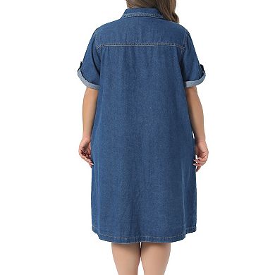 Women's Plus Size Denim Dresses Button Down Short Sleeve Summer Midi Denim Jean Shirt Dress