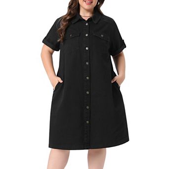 Women's Plus Size Denim Dresses Button Down Short Sleeve Summer Midi Denim Jean Shirt Dress