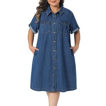 Women's Plus Size Denim Dresses Button Down Short Sleeve Summer Midi Denim Jean Shirt Dress