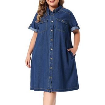 Women's Plus Size Denim Dresses Button Down Short Sleeve Summer Midi Denim Jean Shirt Dress