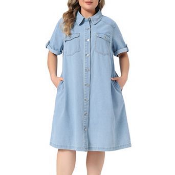 Women's Plus Size Denim Dresses Button Down Short Sleeve Summer Midi Denim Jean Shirt Dress